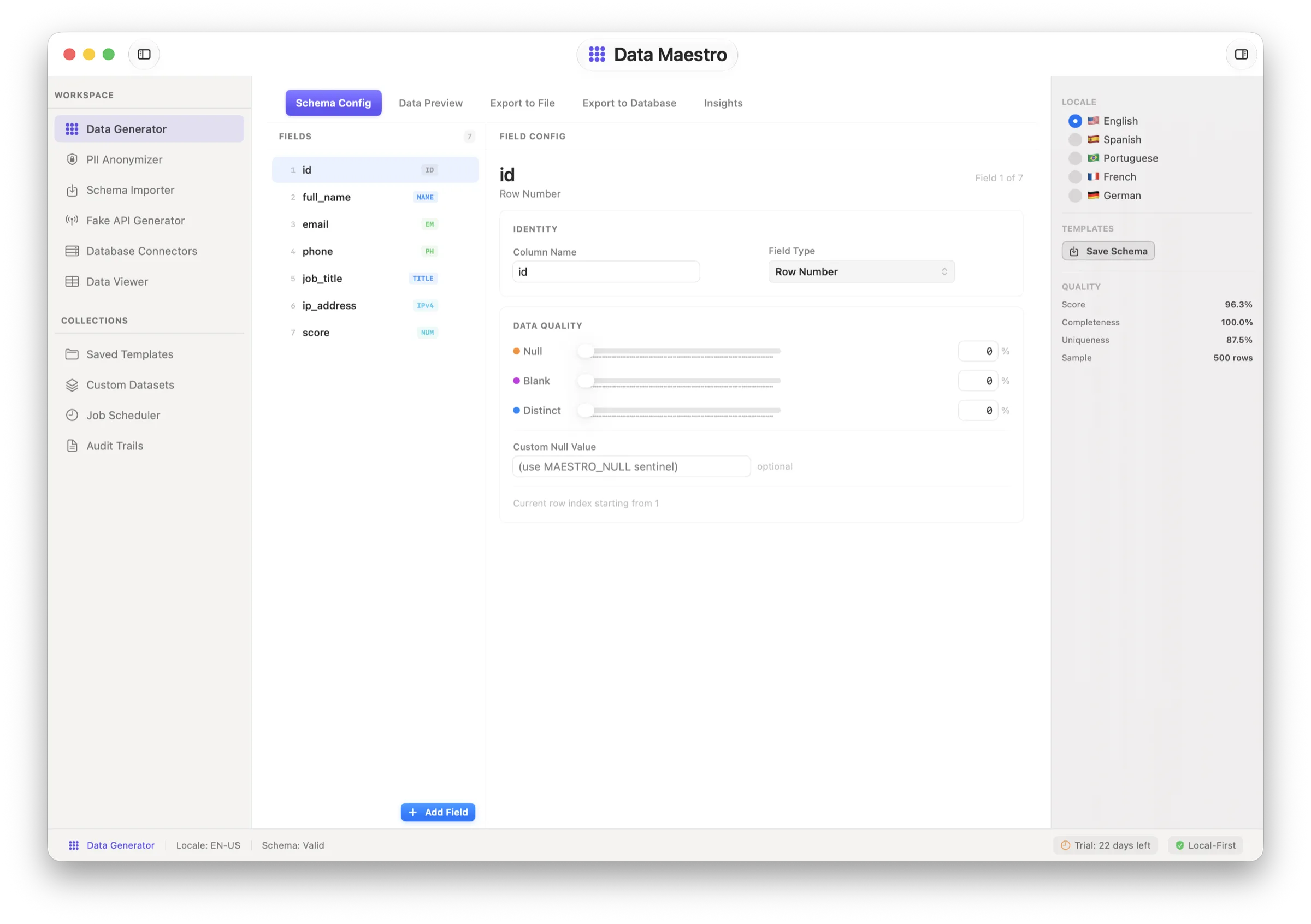 Data Maestro running on macOS: the Data Generator with a schema of fields, data-quality controls, and locale options